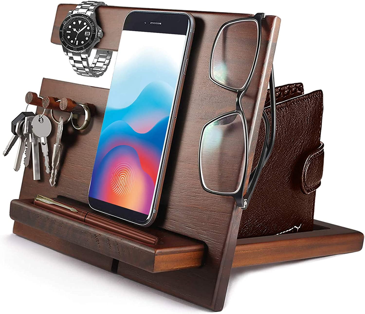 Christmas Gifts for Men - Gadgets for Mens Gifts Bedside Organiser Stand  Wooden Phone Charging Stand Bedside Tray Key Stand Secr