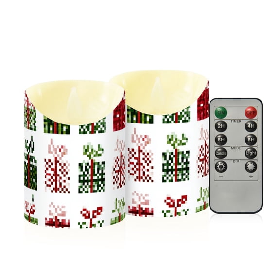 Christmas Presents Pixel Style Flickering Flameless Candles with Remote Timer Battery Operated LED Tealight Set of 2 M