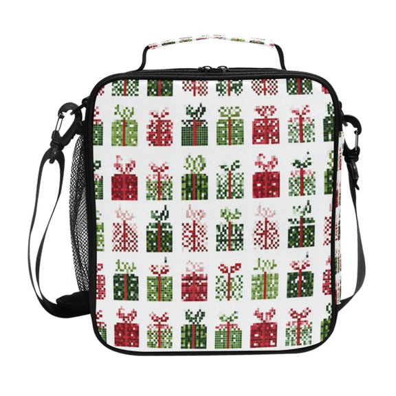 Christmas Presents Pixel Style Insulated Lunch Bag Reusable Lunch Box Lunch Container with Straps