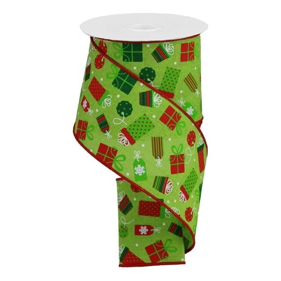 Christmas Presents Xmas Holiday Canvas Wired Edge Ribbon : Lime Green, Emerald, White, Red - 4" x 10 Yards (30 Feet)