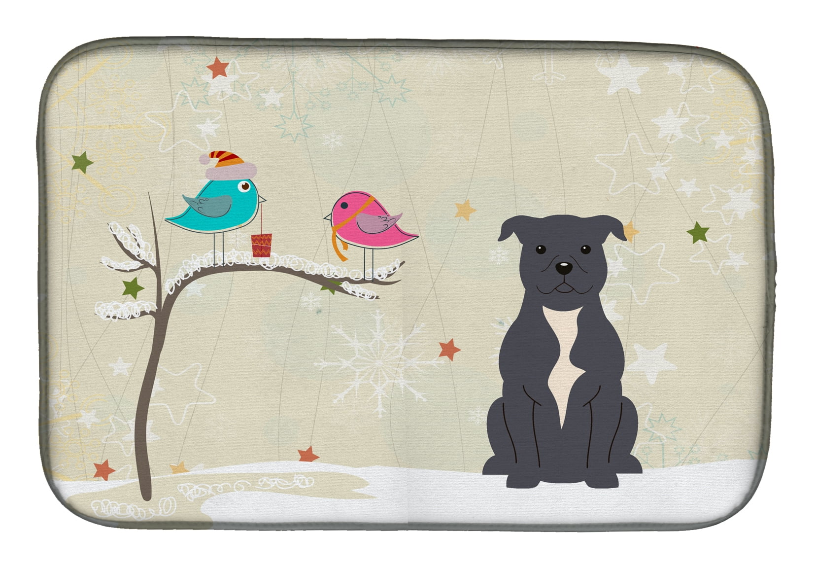 Christmas Presents between Friends Staffordshire Bull Terrier Blue Dish Drying Mat