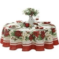 thumbnail image 1 of Christmas Presley Red and White Poinsettia Double Bordered 70 inch Round Fabric Tablecloth, Holiday Cottage Floral Border Print Table Cover for Dining Party, 1 of 8