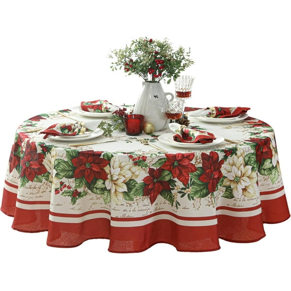 Christmas Presley Red and White Poinsettia Double Bordered 70 inch Round Fabric Tablecloth, Holiday Cottage Floral Border Print Table Cover for Dining Party