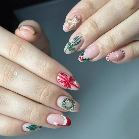 Christmas Press on Nails, 24PCS Almond Cat Eye Fake Nails, Premium French Tip Design with Hand-Painted Starfish, Wreath, Santa Hat & Gingerbread Man, Reusable DIY Nail Art Kit for Holiday Manicure