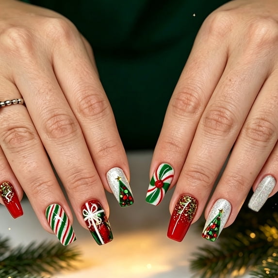 Christmas Press on Nails 24Pcs, Red Green Gold Glitter French Spooky Fake Nails Set, Reusable False Nails for Holiday Party Daily Wear Women Girls, Christmas Nail Art