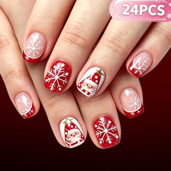 Christmas Press On Nails 24Pcs, Short Glossy Square Fake Nails with Santa Claus Snowflake Red French Glitter, Reusable Xmas Stick-on Nails for Women Holiday Party, Christmas Gifts for Women
