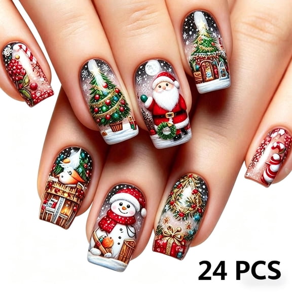 Christmas Press On Nails, 25Pcs Red Green Candy Cane Santa & Tree False Nail Tips, Short Square Full Cover Wearable Nail Patches, Removable Reusable DIY Manicure for Women Holiday Party,D
