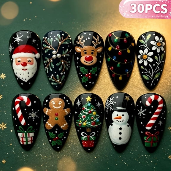 Christmas Press On Nails, 30 Pcs Artificial False Nails, Black Background Gingerbread Reindeer Fake Nails, Reusable Cute Nail for Holiday Party, Christmas Gifts for Women