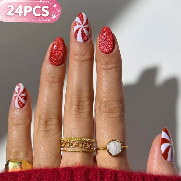 Christmas Press On Nails Almond Short, 24 PcsArtificial False Nails, Red Glitter Candy Cane Almond Fake Nails, Reusable Cute Nail for Holiday Party & Daily Wear, Christmas Gifts for Women