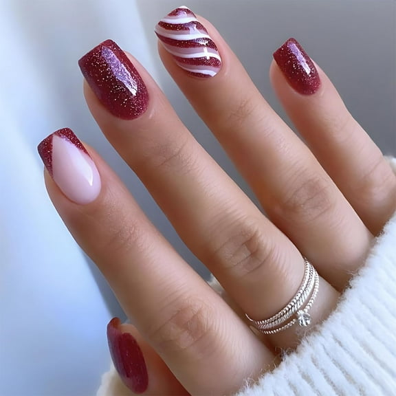 Christmas Press on Nails Long Almond Fake Nails White Snowflake Acrylic Nails Red Winter Xmas Glue on Nails Reusable Stick on Nails for Women DIY New Year Manicure multicolor Christmas 453