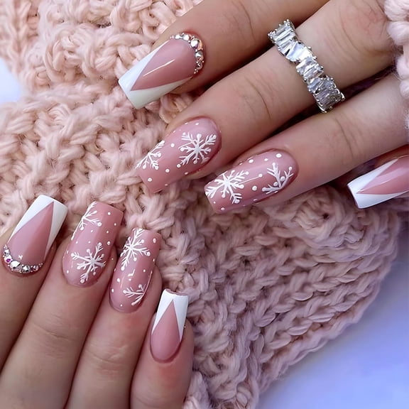 Christmas Press on Nails Long Coffin French Tip Fake Nails Pink Full Cover White Snow False Nails with Designs Rhinestones Glossy Glue on Nails Acrylic Artificial Nails for Women Girls 24Pcs