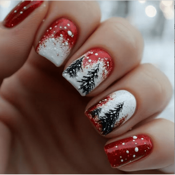 Christmas Press on Nails Medium Almond Fake Nails with Snowflake Design Glossy Green Glitter Glue on Nails Full Cover Green Stick on Nail Xmas Holiday Winter False Nail for Women Manicure 24Pcs