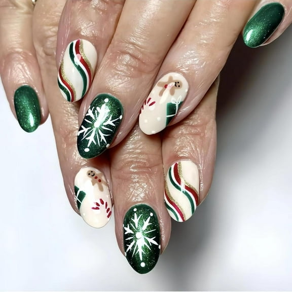 Christmas Press on Nails Medium Almond Fake Nails Snowflake False Nails with Christmas Hat Design Nude Glue on Nails Glossy Acrylic Full Cover Bowknot Stripe Stick on Nails for Women Manicure 24Pcs