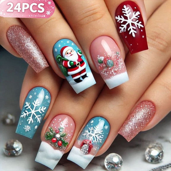 Christmas Press On Nails Medium Coffin, 24 Pcs Artificial False Nails, Santa Claus Glitter Snowflake Fake Nails, Reusable Cute Nail for Holiday Party, Christmas Gifts for Women