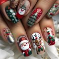 thumbnail image 1 of Christmas Press On Nails Medium Coffin, 3D Embossed Santa Reindeer Resin Fake Nails, Snowman Christmas Tree Stick On False Nails, 24Pcs Reusable Wearable Nail Tips for Women Holiday Party Manicure, 1 of 7