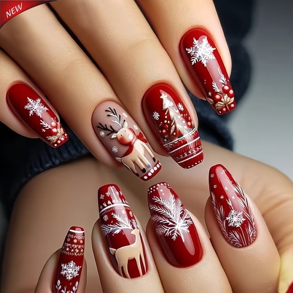 Christmas Press On Nails Medium Coffin, Red Reindeer Fake Nails, White Snowflake Pine Berry Stick On False Nails, 24Pcs Resin Reusable Wearable Nail Tips for Women Girls Xmas Holiday Party Manicure
