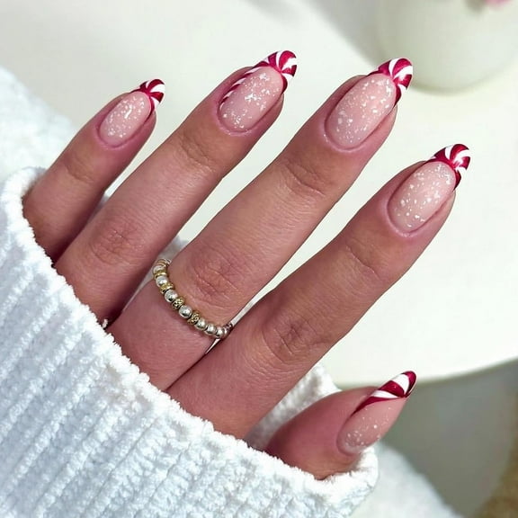 Christmas Press on Nails Medium Round Fake Nails Glossy Glue on Nails Xmas Oval Acrylic Nails Candy French Tip Artificial Nails Snowflake Stick on False Nails with Design 24 pcs 03623Red 0.04 Fl