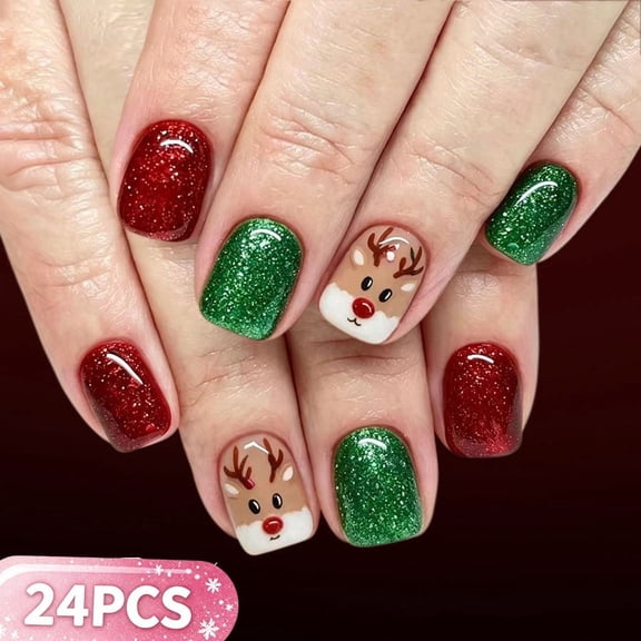 Christmas Press On Nails Short, 24 Pcs Artificial False Nails, Reindeer Red Green Glitter Fake Nails with Shiny Finish, Reusable Cute Nail for Xmas Party, Christmas Gifts for Women