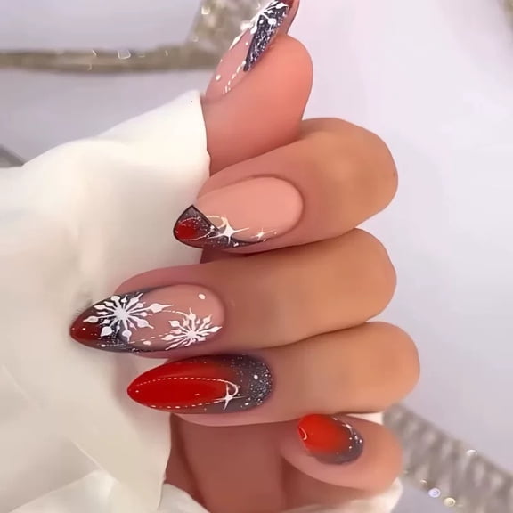 Christmas Press On Nails Short Almond Green Fake Nails - False Nails with Designs White Snowflake Full Cover Matte Glue On Acrylic Nails for Women 24 Pcs