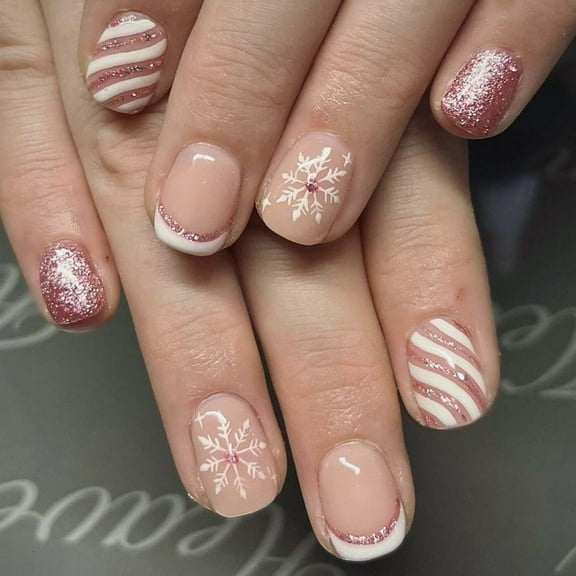 Christmas Press on Nails Short Pink Fake Nails French False Nails with Stripe Glitter Design Glossy Acrylic Nails Snowflake Artificial Nails Winter Glue on Nails New Year Stick on Nails for Women