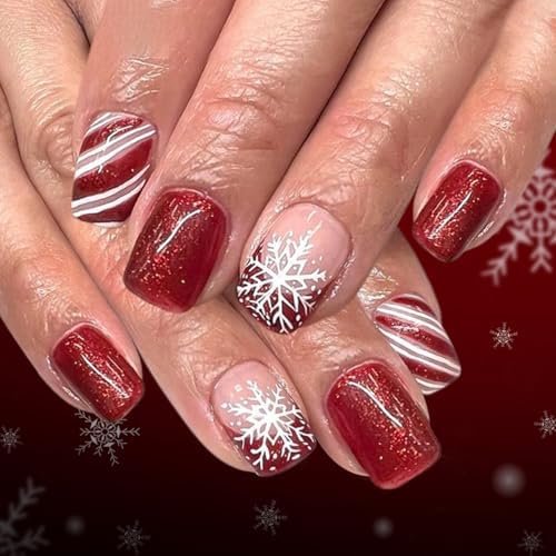 Christmas Press Nails Short Square Glitter Nails Red False Nails with Snowflake Press ons with Red White Stripe Design Glossy Full Cover Winter Stick for Women 24 count