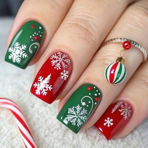 Christmas Press Nails Short Square Nails with Designs Snowflake Stick Glossy False Winter Holiday Artificial Full Cover Glue Nails for Women 24 count