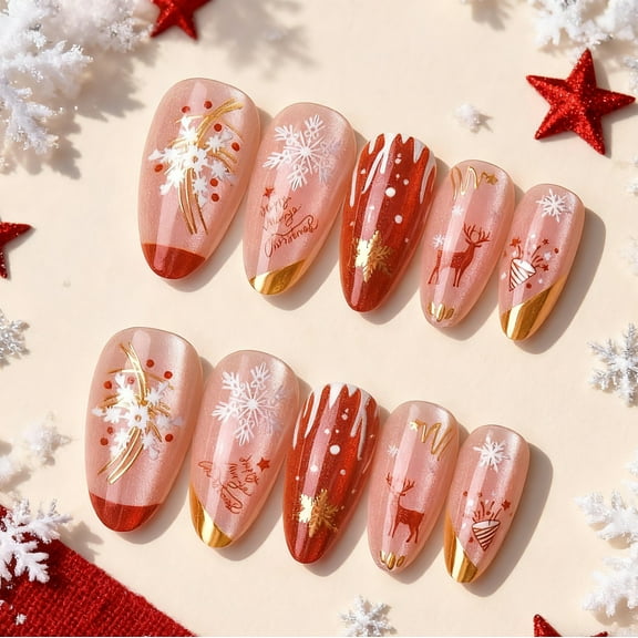 Christmas Press-On Nails, 24 Pcs Almond Shape with Cat Eye Effect, Gold Foil, Hand-Painted Snowflakes & Deer, Premium French Tip Fake Nails for Holiday Party