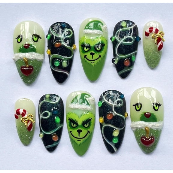 Christmas Press-On Nails, 24 Pcs Almond Shape with Hand, 3D Colorful Bells & Rhinestones, Festive DIY Manicure Kit for Holiday Party Gift
