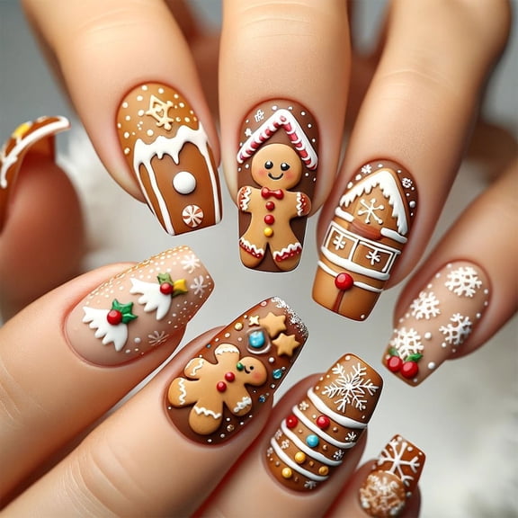 Christmas Press On Nails Artificial Nails Cartoon Gingerbreads Man False Nails Chocolate House Full Cover Stick on Nails
