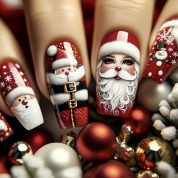Christmas Press-On Nails, Red Ballet Shape with Santa & Snowflake Designs, 24 Pcs Full Cover Fake Nails, Festive Manicure Kit for Holiday Party Gift