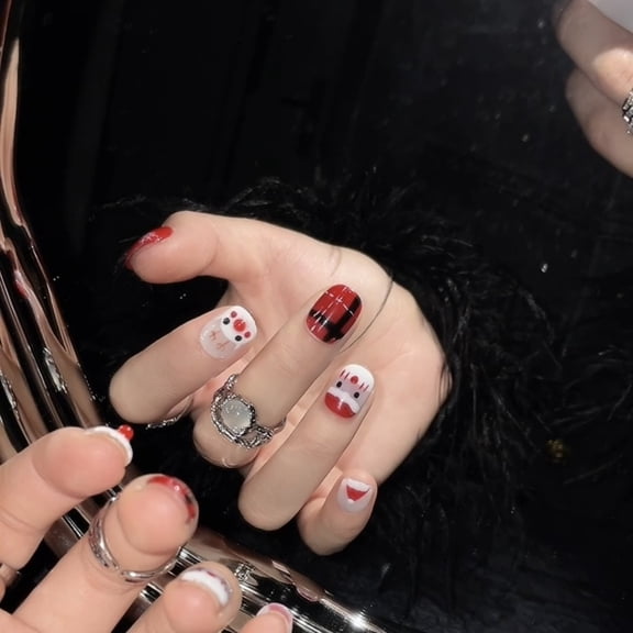 Christmas Press On Nails Short Square Kits Cute Santa Reindeer Designs French Kit Acrylic Handmade Nails Go Glam