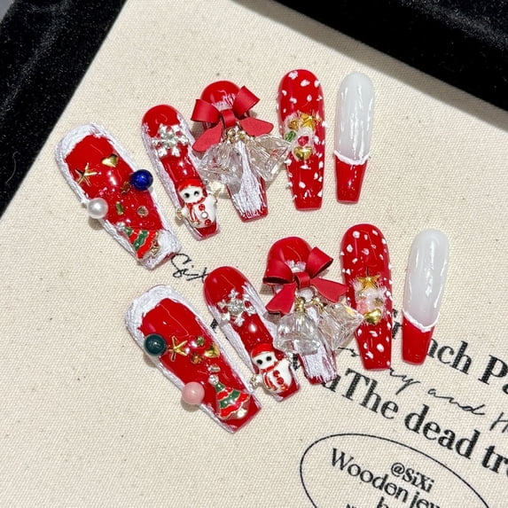 Christmas Press On Nails for Women Coffin Festive Christmas New Year Red Sparkling White Glitter Accents Best Wishes Design Medium French Tip