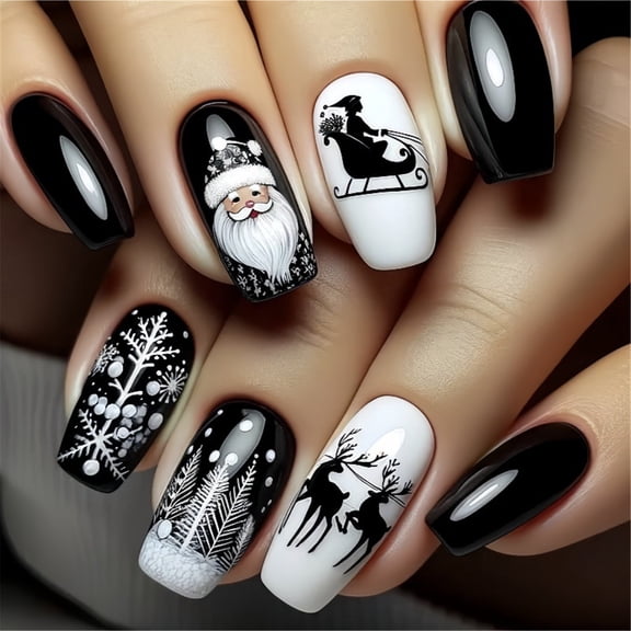 Christmas Press on Nails Coffin Winter False Nails with Tree Reindeer Designs Full Cover Christmas Stick on Nail 24Pcs