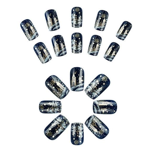 Christmas Press on Nails Winter False Nails with Snowflake Designs Glossy Acrylic Full Cover Stick on Nail 24Pcs