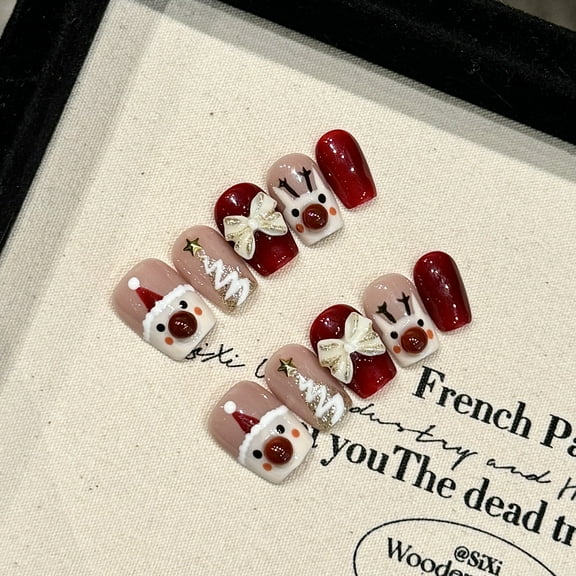 Christmas Press on Nails for Women Square ShortReindeer Magic Red FrenchChristmas Nails Glitter Festive Wishes Acrylic Handmade Nails