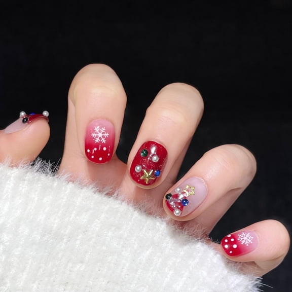Christmas Press on nails short Christmas Tree Festive Wrap Set French Tips for Women Coffin Square Glitter Star Accents Compact Design Long Lasting