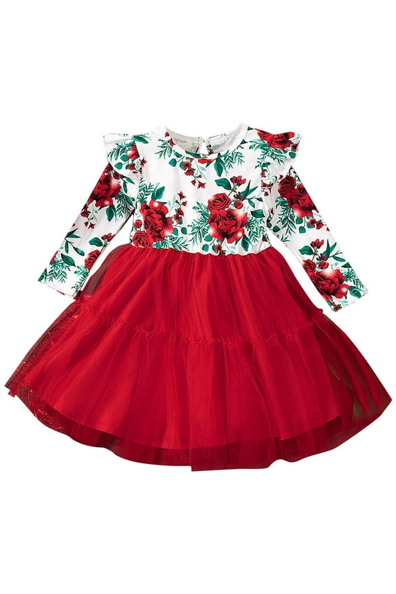 Christmas Princess Dresses for Girls Toddler Dress Cute Rose Print Round Neck Fly Sleeve Lace Party Dress 6Months-7Years Girls Boutique Outfits