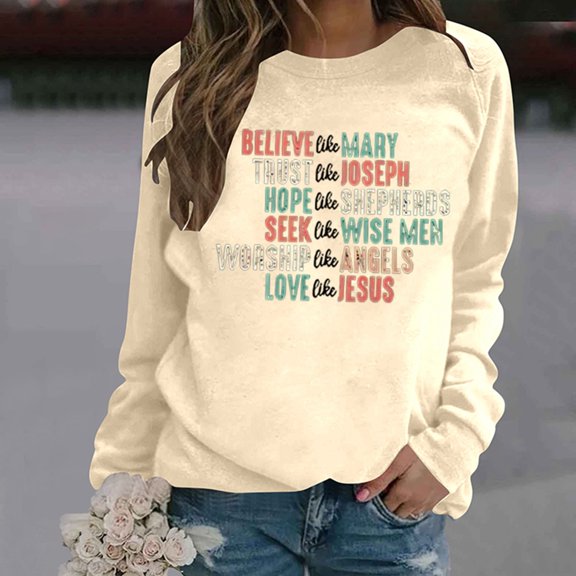Christmas Print Fashion Casual Solid Color Loose Lady Long Sleeve Letter Print Round Neck Hoodie Polyester Breathable Skin-friendly Suitable for Casual Daily Going out Holiday Party Club Wear
