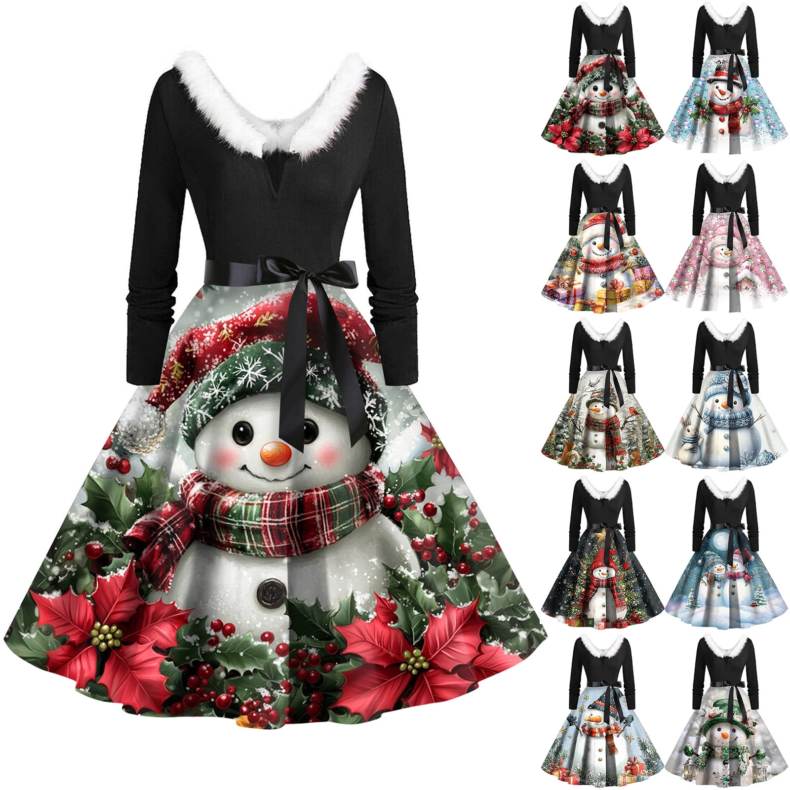Christmas Print Flare Dress for Women Long Sleeve Dress Hollow Party Casual  Dresses, Christmas Gifts Women Idea for Holiday Fall and Winter ...