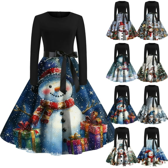 Christmas Print Flare Dress for Women Long Sleeve Dress with Round Neck, Fall and Winter Casual Wear for Holiday Events, Soft and Elegant,Dark Gray,4XL