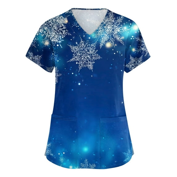 Christmas Print Scrub Tops for Women V-Neck Christmas Tree Short Sleeve Stretch Nurse Uniform Snowflake Snowman Printed Holiday Scrub Shirts Work Fall Plus Size Nursing T Shirts Blue 5XL