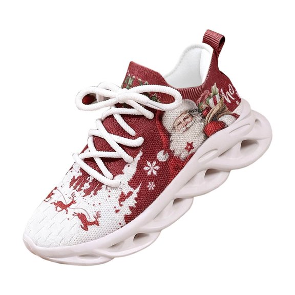 Christmas Print Sneakers for Women, Holiday Fashion Mesh Lace Up Casual Shoes, Comfortable Breathable Walking Shoes for Christmas Gifts