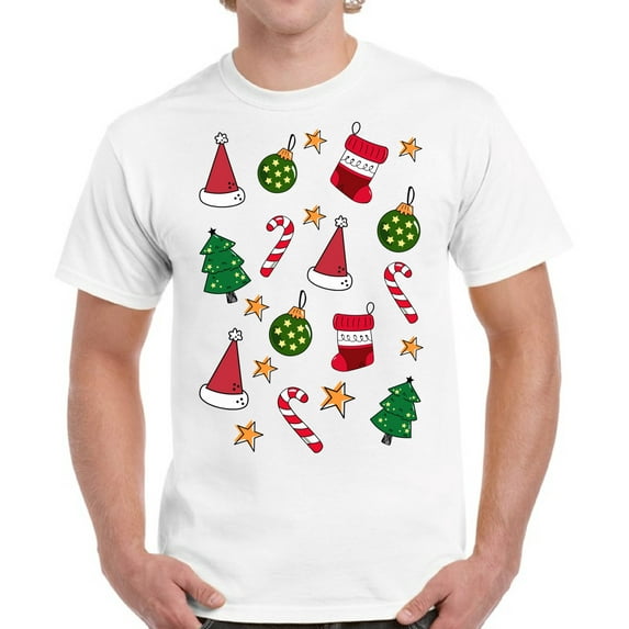 Christmas Print T Shirt for Men Xmas Hat Tree Candy - S M L XL 2XL 3XL 4XL 5XL Xmas Graphic Tee - Christmas Gift Holiday Cotton T-Shirt for Men