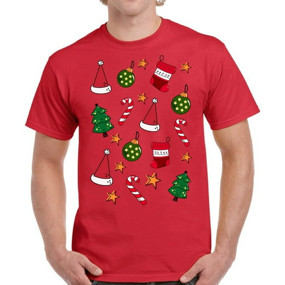 Christmas Print T Shirt for Men Xmas Hat Tree Candy - S M L XL 2XL 3XL 4XL 5XL Xmas Graphic Tee - Christmas Gift Holiday Cotton T-Shirt for Men