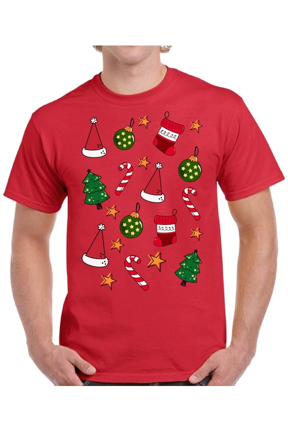 Christmas Print T Shirt for Men Xmas Hat Tree Candy - S M L XL 2XL 3XL 4XL 5XL Xmas Graphic Tee - Christmas Gift Holiday Cotton T-Shirt for Men