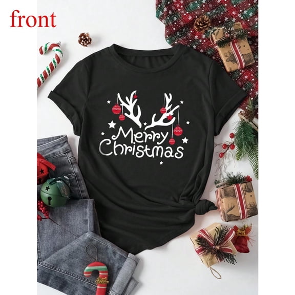 Christmas Print Tee T Shirt Graphic Tees Tops Holiday Design Comfort Short Sleeve Round Neck Black S-5XL