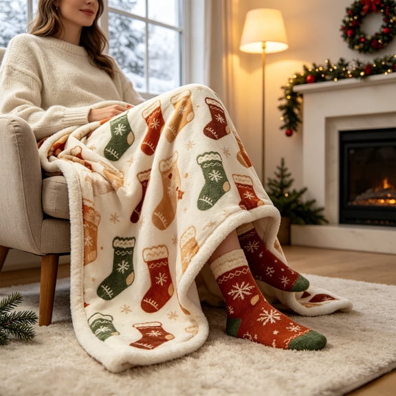 Christmas Print Throw Blanket, Festive Holiday Pattern Cover, Soft Cozy for Sofa Couch Bed Home Decor