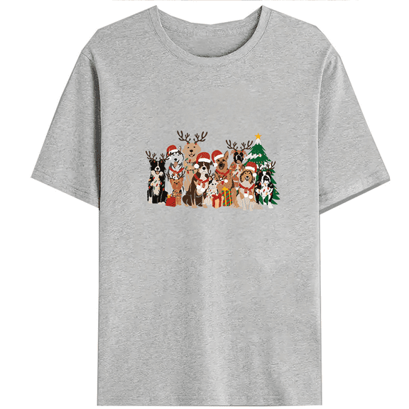 Christmas Print Tshirts for Women Funny Xmas Light Dogs Graphic Tees Dog Owner Shirts Casual Short Sleeve Tops for Holiday Gray,2XL