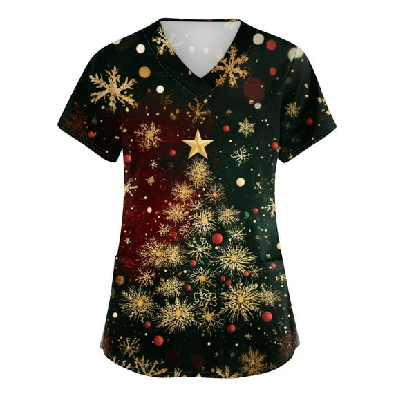 Christmas Print Women Scrubs V-Neck Snowman Short Sleeve Working Nursing Uniform Snowflake Christmas Tree Print Cotton Scrub Tops Stretchy Fall Loose Fit Nurse Tshirts Clothes Dark Green L