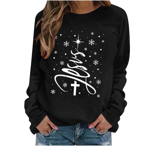 Christmas Print Women's Sweatshirt - Round-Neck Long Sleeve Hoodless Pullover, Comfy Trendy Sweater for Daily Wear & Gift Black M